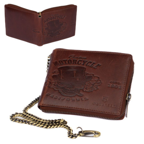 Hnědá kožená pánská peněženka na zip s řetízkem