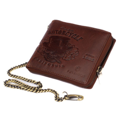Hnědá kožená pánská peněženka na zip s řetízkem