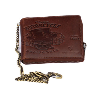 Hnědá kožená pánská peněženka na zip s řetízkem