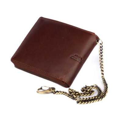 Hnědá kožená pánská peněženka na zip s řetízkem