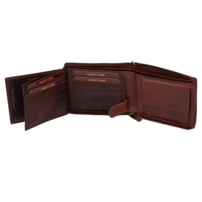 Hnědá kožená pánská peněženka na zip s řetízkem