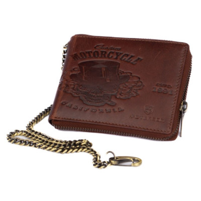 Hnědá kožená pánská peněženka na zip s řetízkem