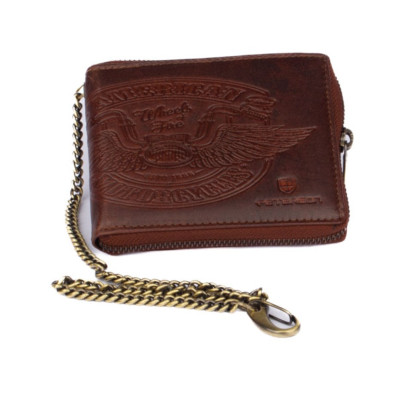 Hnědá pánská peněženka na zip kožená s řetízkem