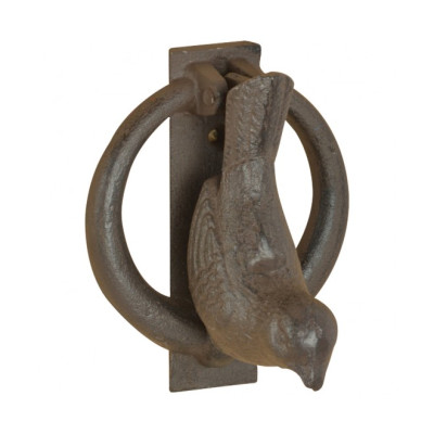 Hnědé litinové klepadlo na dveře s ptáčkem - 9x8x11 cm