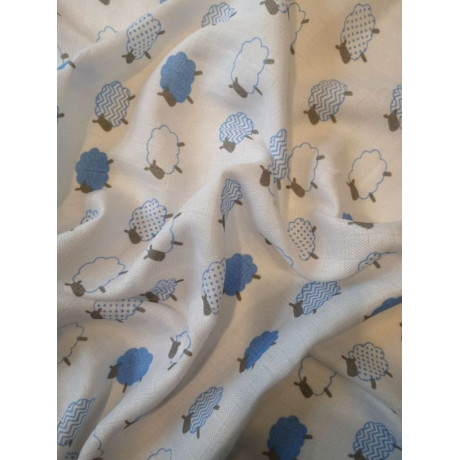 Látková Bambusová tetra plena s potiskem Beránek modrý 60% Bavlna, 40% Bambus, 70x70 cm