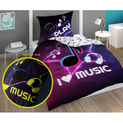 Povlečení I love Music svítící Bavlna, 140x200, 70x80 cm